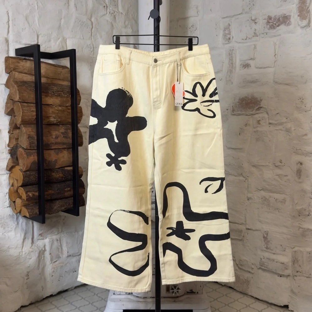 NWT | Cider | Artistic Wide-Leg Jeans with Black Floral Abstract Design